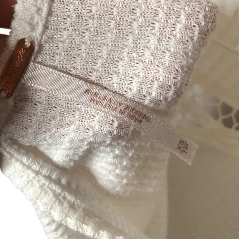 Free People Day Dream Tee Crochet Knit Waffle Long Sleeve White Size XS